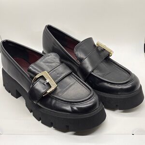 Zara Lug Black Vegan Buckle Loafers Platform 39/ 8